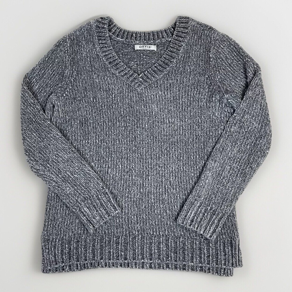 Orvis Women's Chenille Long Sleeve V Neck Soft Sweater Side Vents Gray Small*